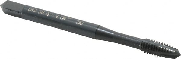 OSG - #8-32 UNC, 3 Flute, Oxide Finish, Powdered Metal Spiral Point Tap - Plug Chamfer, Right Hand Thread, 2-1/8" OAL, 3/4" Thread Length, 0.168" Shank Diam, 3B Class of Fit, Series 312 - Exact Tooling