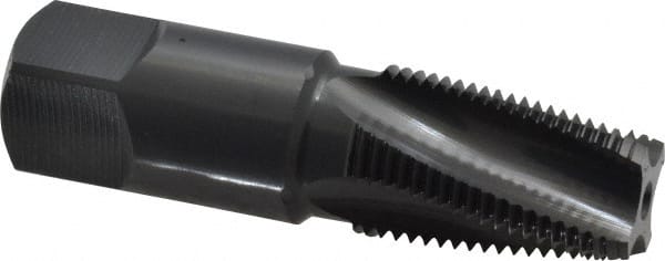 OSG - 3/8-18 NPTF, 15° Helix, 4 Flutes, Modified Bottoming Chamfer, Oxide Finish, Vanadium High Speed Steel, Spiral Flute Pipe Tap - Right Hand Flute, 0.7" Shank Diam, 1-1/16" Thread Length, 0.4540" Projection, 17/32" Square Size, Series 318 - Exact Tooling