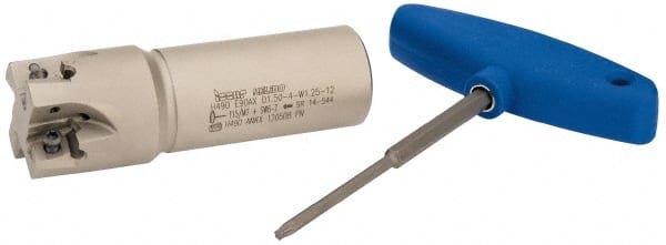 Iscar - 1-1/2" Cut Diam, 0.472" Max Depth of Cut, 1-1/4" Shank Diam, 4-1/4" OAL, Indexable Square Shoulder Helical End Mill - H490 AN.X 12 Inserts, Weldon Shank, 90° Lead Angle, Through Coolant, Series Helido - Exact Tooling