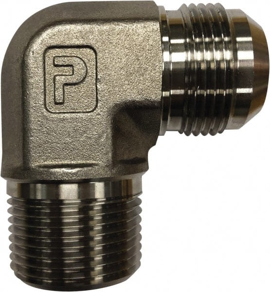 Parker - 1-1/4" Tube OD, 37° Steel Flared Tube Male Elbow - 1-1/4 NPTF, Flare x MNPTF Ends - Exact Tooling