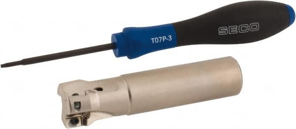 Seco - 7/8" Cut Diam, 0.354" Max Depth of Cut, 3/4" Shank Diam, 3.39" OAL, Indexable Square Shoulder End Mill - XO.X 10T3.. Inserts, Cylindrical Shank, 90° Lead Angle, Through Coolant, Series Turbo 10 - Exact Tooling