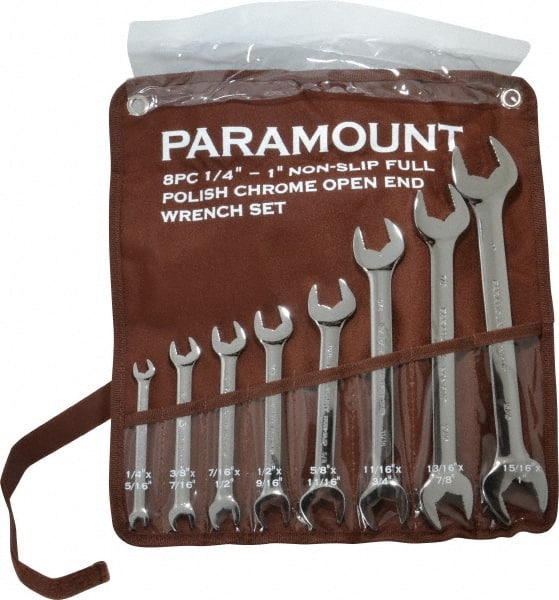 Paramount - 8 Piece, 1/4" to 1", Open End Wrench Set - Inch Measurement Standard, Full Polish Finish, Comes in Canvas Pouch - Exact Tooling
