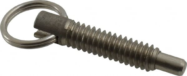 Gibraltar - 1/4-20, 0.8" Thread Length, 0.155" Plunger Diam, 1/4" Plunger Projection, 1 Lb Init to 2.5 Lb Final End Force, Stainless Steel Locking Pull Ring Plunger - Exact Tooling