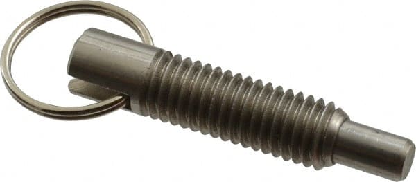 Gibraltar - 1/2-13, 1.4" Thread Length, 5/16" Plunger Diam, 1/2" Plunger Projection, 2.5 Lb Init to 5 Lb Final End Force, Stainless Steel Locking Pull Ring Plunger - 1.4" Len Under Head, 2" Body Len, 1.26" Ring Diam, 2" Plunger Len, 0.6" Head Height - Exact Tooling
