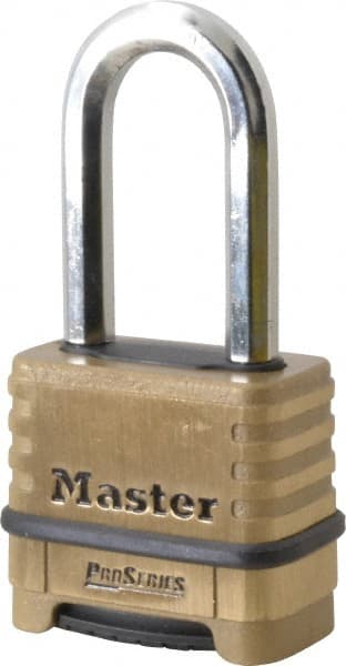 Master Lock - 2-1/4" Body Width x 2" Body Height, 2.063" Shackle Clearance, Brass Body & Boron Carbide Combination Lock - 3/8" Shackle Diam - Exact Tooling