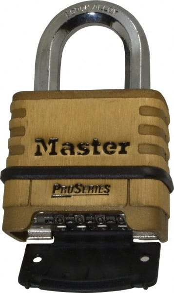 Master Lock - 2-1/4" Body Width x 2" Body Height, 1.063" Shackle Clearance, Brass Body & Boron Carbide Combination Lock - 3/8" Shackle Diam - Exact Tooling
