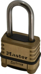 Master Lock - 2-1/4" Body Width x 2" Body Height, 2.094" Shackle Clearance, Brass Body & Stainless Steel Combination Lock - 5/16" Shackle Diam - Exact Tooling