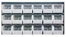 Quantum Storage - 18 Bin Bench Rack with Ultra Bins - 36 Inch Overall Width x 11 Inch Overall Depth x 19 Inch Overall Height, Clear Tri-Clear Polypropylene Bins - Exact Tooling