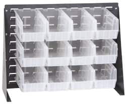 Quantum Storage - 12 Bin Bench Rack with Ultra Bins - 27 Inch Overall Width x 11 Inch Overall Depth x 21 Inch Overall Height, Clear Tri-Clear Polypropylene Bins - Exact Tooling