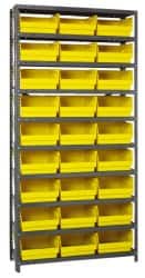 Quantum Storage - 27 Bin Store-More Shelf Bin System - 36 Inch Overall Width x 12 Inch Overall Depth x 75 Inch Overall Height, Yellow Polypropylene Bins - Exact Tooling