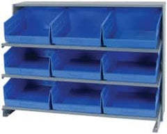 Quantum Storage - 9 Bin Store-More Sloped Shelving System - 36 Inch Overall Width x 12 Inch Overall Depth x 26-1/2 Inch Overall Height, Blue Polypropylene Bins - Exact Tooling
