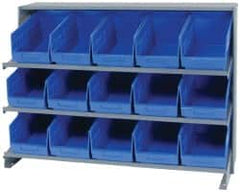 Quantum Storage - 15 Bin Store-More Sloped Shelving System - 36 Inch Overall Width x 12 Inch Overall Depth x 26-1/2 Inch Overall Height, Blue Polypropylene Bins - Exact Tooling