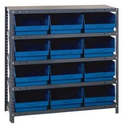 Quantum Storage - 12 Bin Store-More Shelf Bin System - 36 Inch Overall Width x 18 Inch Overall Depth x 39 Inch Overall Height, Blue Polypropylene Bins - Exact Tooling