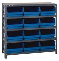 Quantum Storage - 12 Bin Store-More Shelf Bin System - 36 Inch Overall Width x 18 Inch Overall Depth x 39 Inch Overall Height, Blue Polypropylene Bins - Exact Tooling
