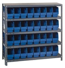 Quantum Storage - 32 Bin Store-More Shelf Bin System - 36 Inch Overall Width x 18 Inch Overall Depth x 39 Inch Overall Height, Blue Polypropylene Bins - Exact Tooling