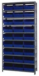 Quantum Storage - 27 Bin Store-More Shelf Bin System - 36 Inch Overall Width x 18 Inch Overall Depth x 75 Inch Overall Height, Blue Polypropylene Bins - Exact Tooling