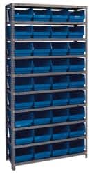 Quantum Storage - 36 Bin Store-More Shelf Bin System - 36 Inch Overall Width x 18 Inch Overall Depth x 75 Inch Overall Height, Blue Polypropylene Bins - Exact Tooling