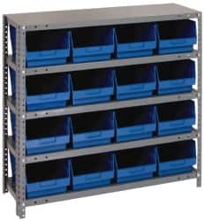 Quantum Storage - 16 Bin Store-More Shelf Bin System - 36 Inch Overall Width x 12 Inch Overall Depth x 39 Inch Overall Height, Blue Polypropylene Bins - Exact Tooling