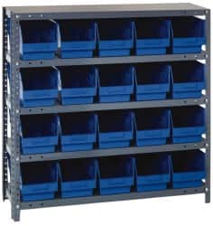 Quantum Storage - 20 Bin Store-More Shelf Bin System - 36 Inch Overall Width x 12 Inch Overall Depth x 39 Inch Overall Height, Blue Polypropylene Bins - Exact Tooling
