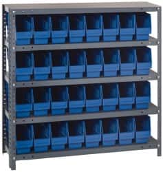 Quantum Storage - 32 Bin Store-More Shelf Bin System - 36 Inch Overall Width x 12 Inch Overall Depth x 39 Inch Overall Height, Blue Polypropylene Bins - Exact Tooling