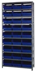 Quantum Storage - 27 Bin Store-More Shelf Bin System - 36 Inch Overall Width x 12 Inch Overall Depth x 75 Inch Overall Height, Blue Polypropylene Bins - Exact Tooling