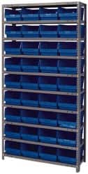 Quantum Storage - 36 Bin Store-More Shelf Bin System - 36 Inch Overall Width x 12 Inch Overall Depth x 75 Inch Overall Height, Blue Polypropylene Bins - Exact Tooling