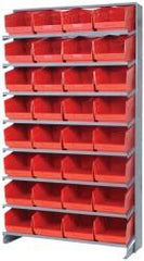 Quantum Storage - 32 Bin Store-More Sloped Shelving System - 36 Inch Overall Width x 12 Inch Overall Depth x 63-1/2 Inch Overall Height, Red Polypropylene Bins - Exact Tooling