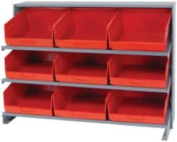 Quantum Storage - 9 Bin Store-More Sloped Shelving System - 36 Inch Overall Width x 12 Inch Overall Depth x 26-1/2 Inch Overall Height, Red Polypropylene Bins - Exact Tooling