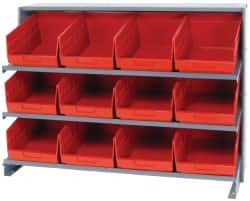 Quantum Storage - 12 Bin Store-More Sloped Shelving System - 36 Inch Overall Width x 12 Inch Overall Depth x 26-1/2 Inch Overall Height, Red Polypropylene Bins - Exact Tooling