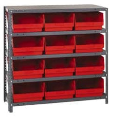 Quantum Storage - 12 Bin Store-More Shelf Bin System - 36 Inch Overall Width x 18 Inch Overall Depth x 39 Inch Overall Height, Red Polypropylene Bins - Exact Tooling