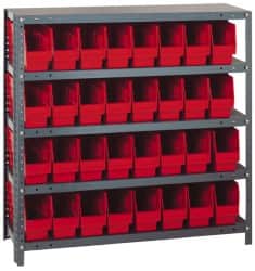 Quantum Storage - 32 Bin Store-More Shelf Bin System - 36 Inch Overall Width x 18 Inch Overall Depth x 39 Inch Overall Height, Red Polypropylene Bins - Exact Tooling