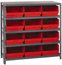 Quantum Storage - 12 Bin Store-More Shelf Bin System - 36 Inch Overall Width x 12 Inch Overall Depth x 39 Inch Overall Height, Red Polypropylene Bins - Exact Tooling