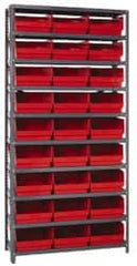 Quantum Storage - 27 Bin Store-More Shelf Bin System - 36 Inch Overall Width x 12 Inch Overall Depth x 75 Inch Overall Height, Red Polypropylene Bins - Exact Tooling