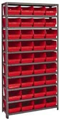 Quantum Storage - 36 Bin Store-More Shelf Bin System - 36 Inch Overall Width x 12 Inch Overall Depth x 75 Inch Overall Height, Red Polypropylene Bins - Exact Tooling