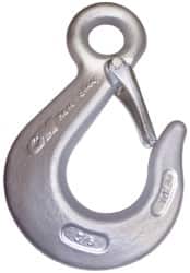 CM - Chain Grade 100, 15,000 Lbs. Load Limit Eye Sling Hook with Latch - 3-1/2 Inch Hook Throat, 6.88 Inch Reach, 1 Inch Eye Inside Diameter, 1/2 Inch Chain Diameter, 9.38 Inch Overall Length, 3/4 Inch Eye Thickness - Exact Tooling