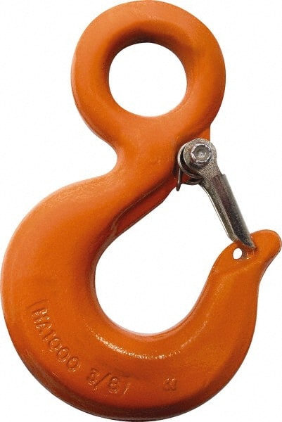 CM - Chain Grade 100, 8,800 Lbs. Load Limit Eye Rigging Hook with Latch - 1.19 Inch Hook Throat, 4.67 Inch Reach, 1-1/4 Inch Eye Inside Diameter, 3/8 Inch Chain Diameter, 6.55 Inch Overall Length, 0.63 Inch Eye Thickness - Exact Tooling