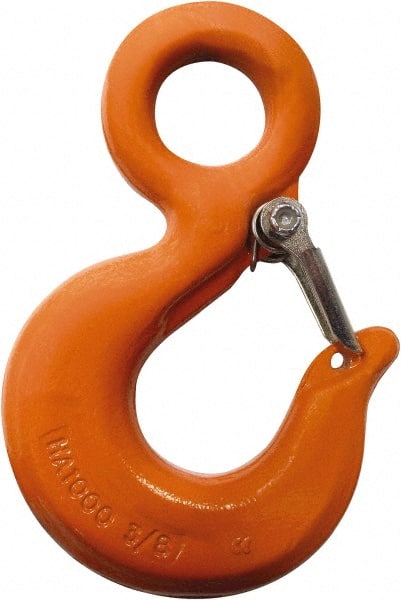 CM - Chain Grade 100, 2,700 Lbs. Load Limit Eye Rigging Hook with Latch - 0.93 Inch Hook Throat, 3.13 Inch Reach, 3/4 Inch Eye Inside Diameter, 0.21875 Inch Chain Diameter, 4.37 Inch Overall Length, 0.38 Inch Eye Thickness - Exact Tooling