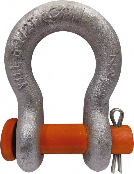 CM - 3/8" Nominal Chain Size, 1 Ton Carbon Steel Round Anchor Shackle - 17/32" Diam, 7/16" Pin Diam, 21/32" Wide Inside Jaw, 15/16" Inside Width - Exact Tooling