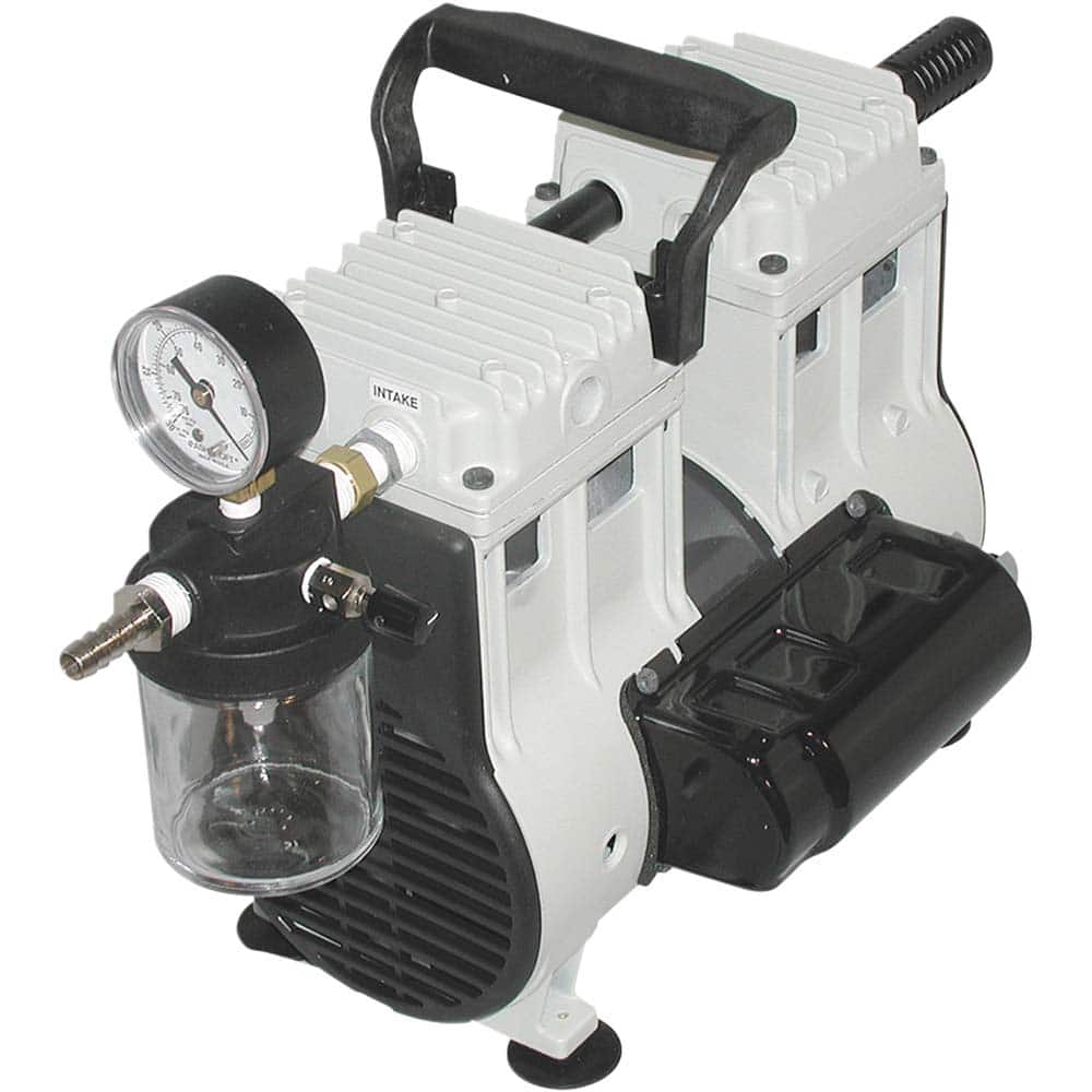 Welch - Piston-Type Vacuum Pumps; Horsepower: .33 ; Cubic Feet per Minute: 7.10 ; Vacuum Pressure (In/Hg): 5.00 ; Voltage: 115V ; Height (Inch): 12 ; Length (Inch): 17 - Exact Tooling