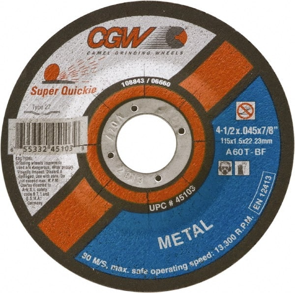 Camel Grinding Wheels - 60 Grit, 4-1/2" Wheel Diam, Type 27 Depressed Center Wheel - Medium Grade, Aluminum Oxide, Resinoid Bond, T Hardness, 13,300 Max RPM - Exact Tooling