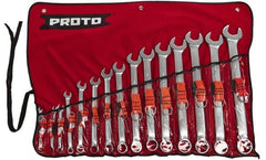 Proto - 15 Piece, 7mm to 32mm, 12 Point Tethered Combination Wrench Set - Metric Measurement Standard, Satin Chrome Finish, Comes in Nylon Roll - Exact Tooling