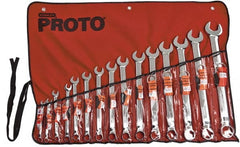 Proto - 15 Piece, 5/16" to 1-1/4", 12 Point Tethered Combination Wrench Set - Inch Measurement Standard, Satin Chrome Finish, Comes in Nylon Roll - Exact Tooling