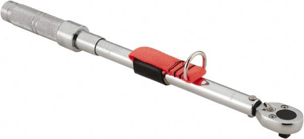 Proto - 3/8" Drive Micrometer Ratchet Head Tethered Torque Wrench - 20 Ft/Lb to 100 Ft/Lb Torque, 17" OAL, 1/2 Ft/Lb Graduation, Pear Head - Exact Tooling