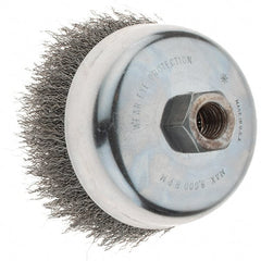 Weiler - 4" Diam, 5/8-11 Threaded Arbor, Steel Fill Cup Brush - 0.014 Wire Diam, 1-3/8" Trim Length, 9,000 Max RPM - Exact Tooling