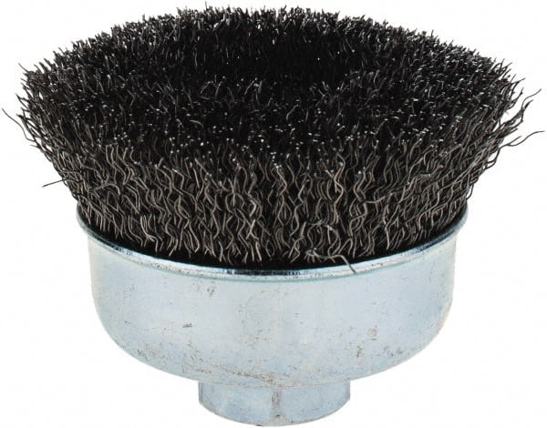 Weiler - 3" Diam, 5/8-11 Threaded Arbor, Steel Fill Cup Brush - 0.014 Wire Diam, 7/8" Trim Length, 14,000 Max RPM - Exact Tooling