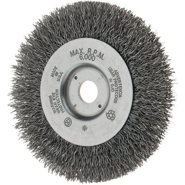 Weiler - 4" OD, 1/2" Arbor Hole, Crimped Steel Wheel Brush - 1/2" Face Width, 13/16" Trim Length, 0.014" Filament Diam, 6,000 RPM - Exact Tooling