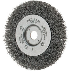 Weiler - 4" OD, 1/2" Arbor Hole, Crimped Steel Wheel Brush - 1/2" Face Width, 13/16" Trim Length, 0.014" Filament Diam, 6,000 RPM - Exact Tooling