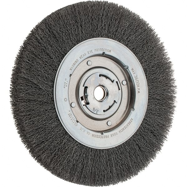 Weiler - 10" OD, 3/4" Arbor Hole, Crimped Steel Wheel Brush - 1-1/8" Face Width, 1-7/8" Trim Length, 0.014" Filament Diam, 3,600 RPM - Exact Tooling