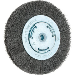 Weiler - 6" OD, 5/8" Arbor Hole, Crimped Steel Wheel Brush - 1-1/8" Face Width, 1-1/8" Trim Length, 0.014" Filament Diam, 6,000 RPM - Exact Tooling