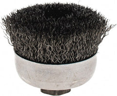 Weiler - 2-3/4" Diam, 5/8-11 Threaded Arbor, Steel Fill Cup Brush - 0.014 Wire Diam, 1" Trim Length, 14,000 Max RPM - Exact Tooling